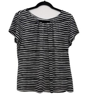 Worthington Stripes Slinky Short Sleeve Pleats Stretch Black White Top Petite XL
